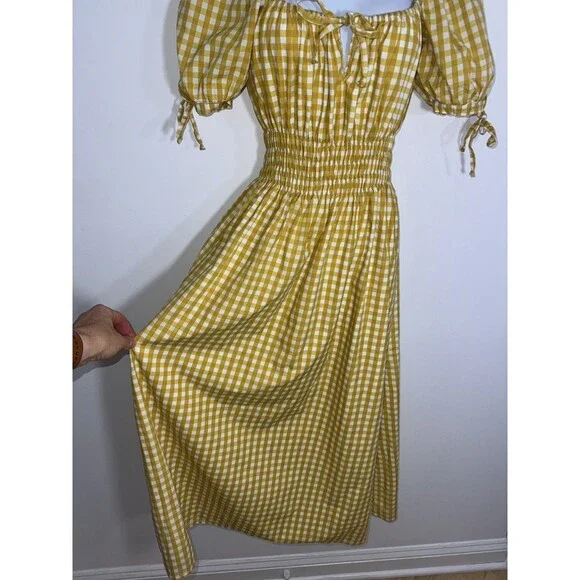 Faithfull Brand Flora Puff Sleeve Midi Yellow Mari Check Gingham Dress Women 6 - Picture 3 of 10